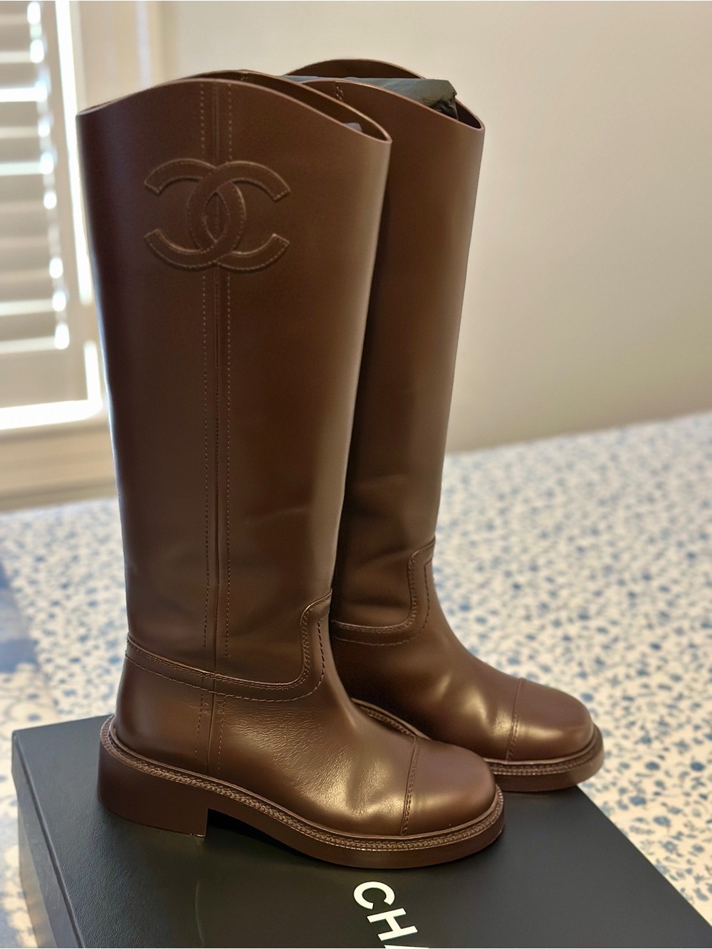 CHANEL Brown Leather Knee-High Boots